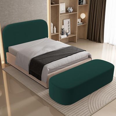 Cabeceira Cama Box Queen 160cm Lanna com Puff Recamier Doha W01  Bouclê Verde - Lyam Decor