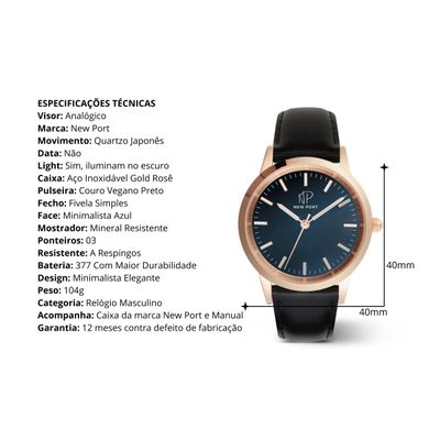 Relógio Masculino De Luxo Clássico Couro Preto New Port 40mm