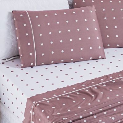 Jogo de Cama Lençol 200 Fios Petit Poá  Casal Padrão 04 Peças - Rose