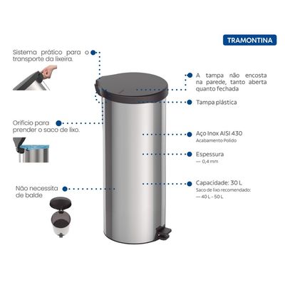 Lixeira Inox com Pedal New Tramontina com Acabamento Polido 30 L
