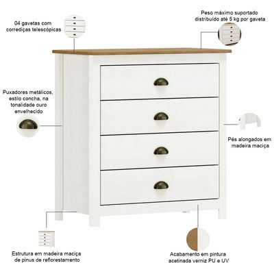 Cômoda Para Quarto Closet 4 Gavetas Madeira Maciça Mazzaro F06 Branco Freijó - Lyam Decor