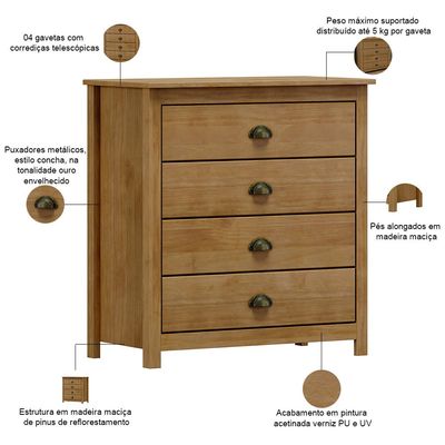 Cômoda Para Quarto Closet 4 Gavetas Madeira Maciça Mazzaro F06 Freijó - Lyam Decor