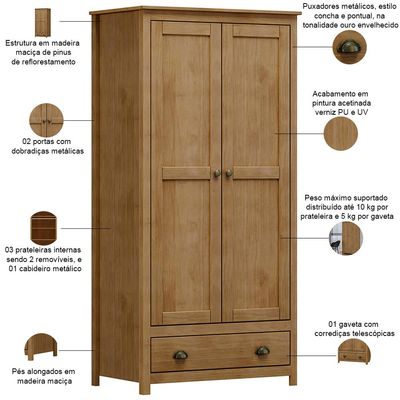 Guarda Roupa Solteiro 2 Portas 1 Gaveta Madeira Maciça Mazzaro F06 Freijó - Lyam Decor