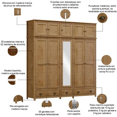 Guarda Roupa Casal 10 Portas Com Espelho e Maleiro Mazzaro F06 Freijó - Lyam Decor