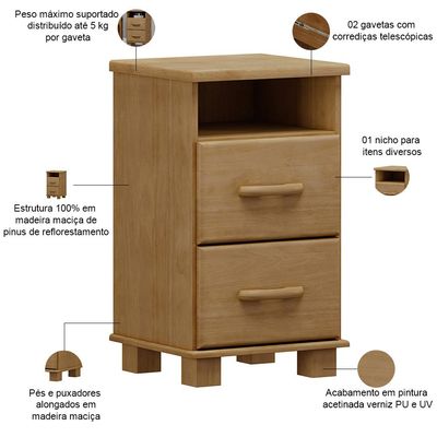 Mesa de Cabeceira 2 Gavetas Madeira Maciça Zahav F06 Freijó - Lyam Decor