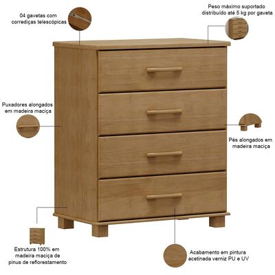 Cômoda Para Quarto Closet 4 Gavetas Madeira Maciça Zahav F06 Freijó - Lyam Decor