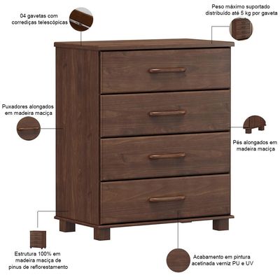 Cômoda Para Quarto Closet 4 Gavetas Madeira Maciça Zahav F06 Café - Lyam Decor