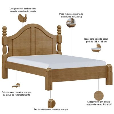 Cama Casal De Madeira Maciça Clássica Para Colchão 138x188 Zahav F06 Freijó - Lyam Decor