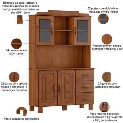 Armário de Cozinha Rústico Com Cristaleira 4 Portas 3 Gavetas Lorie F06 Imbuia - Lyam Decor