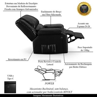 Poltrona do Papai Reclinável Sala de Cinema Madrid Power Elétrica USB PU Preto Brilho  G26