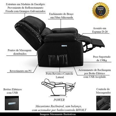Poltrona do Papai Reclinável Sala de Cinema Madrid Elétrica Touch Massagem USB PU Preto Brilho  G26