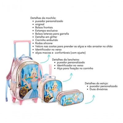 Kit Mochila Rodinha Lancheira Térmica Estojo Duplo Infantil Escolar Menina Princesa Cinderela