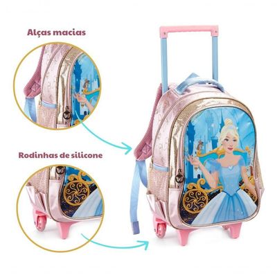 Kit Mochila Rodinha Lancheira Térmica Estojo Duplo Infantil Escolar Menina Princesa Cinderela