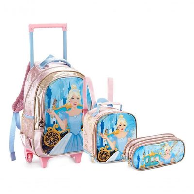 Kit Mochila Rodinha Lancheira Térmica Estojo Duplo Infantil Escolar Menina Princesa Cinderela