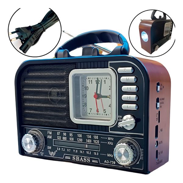 Rádio Retrô Vintage FM/AM USB Bivolt Bluetooth com Relógio - Design Clássico e Funcionalidades Atuais