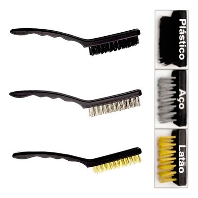 Kit Jogo 3 Escovas Limpeza Grelha Panela Rejunte Sujeira - Conjunto de Escovas Profissionais para Limpeza Pesada