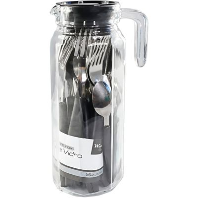 Conjunto Jarra Talheres 25 Peças - Kit de Talheres com Aço Inox Preto Elegância e Modernidade à Sua Mesa
