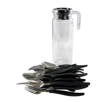 Conjunto Jarra Talheres 25 Peças - Kit de Talheres com Aço Inox Preto Elegância e Modernidade à Sua Mesa