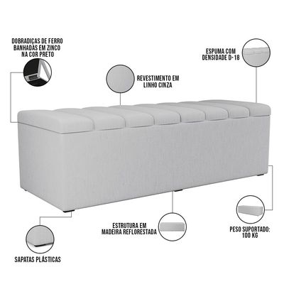Calçadeira Recamier Baú Para Cama De Casal King Dália 195x50 cm W01 Linho Cinza - Lyam