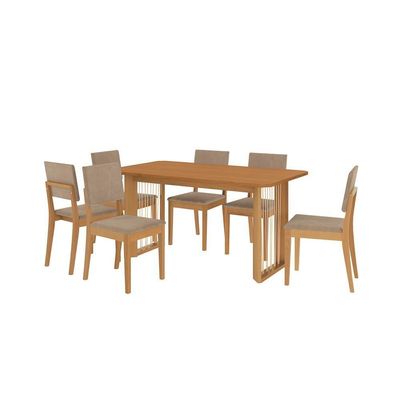 Conjunto Sala De Jantar Dora Em Madeira Maciça 6 Cadeiras Linho Fendi