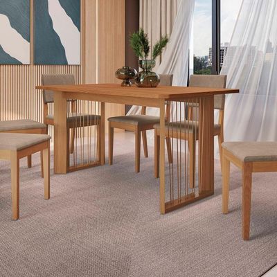 Conjunto Sala De Jantar Dora Em Madeira Maciça 6 Cadeiras Linho Fendi