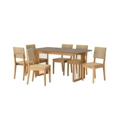 Conjunto Sala De Jantar Dora Em Madeira Maciça 6 Cadeiras Boucle Bege
