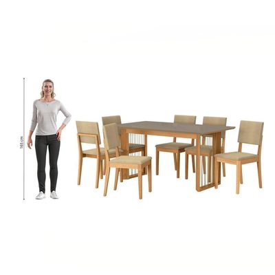 Conjunto Sala De Jantar Dora Em Madeira Maciça 6 Cadeiras Boucle Bege