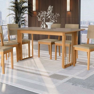 Conjunto Sala De Jantar Dora Em Madeira Maciça 6 Cadeiras Boucle Bege