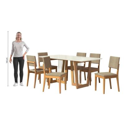 Conjunto Sala De Jantar Dora Em Madeira Maciça 6 Cadeiras Boucle Bege