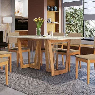 Conjunto Sala De Jantar Dora Em Madeira Maciça 6 Cadeiras Boucle Bege