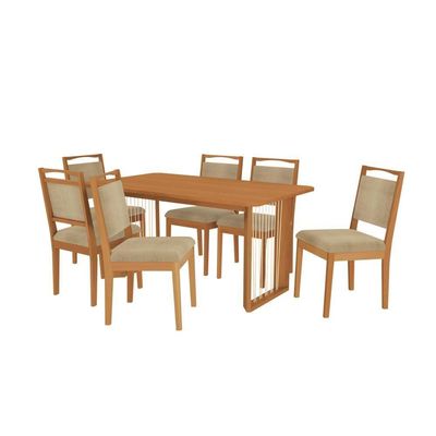 Conjunto Sala De Jantar Lina Em Madeira Maciça 6 Cadeiras Boucle Bege