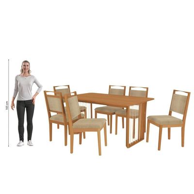 Conjunto Sala De Jantar Lina Em Madeira Maciça 6 Cadeiras Boucle Bege