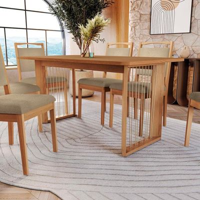 Conjunto Sala De Jantar Lina Em Madeira Maciça 6 Cadeiras Boucle Bege