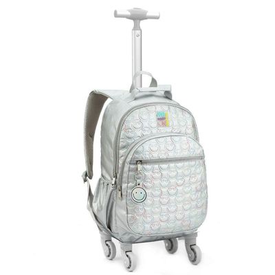 Kit Mochila De Rodinhas + Lancheira + Estojo Box Just Keep On Smiling Denlex Prata
