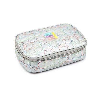 Kit Mochila De Rodinhas + Lancheira + Estojo Box Just Keep On Smiling Denlex Prata