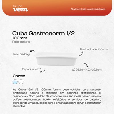 Cuba Gastronorm 1/2 100mm Translúcida em Polipropileno