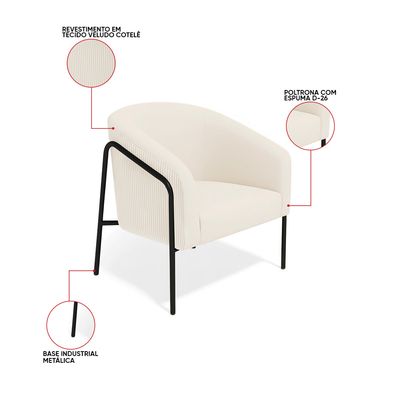 Poltrona Sala Decorativa Kit 2 Stella Base Alta Tubo Preto Veludo Cotelê D03 - D'Rossi Menta