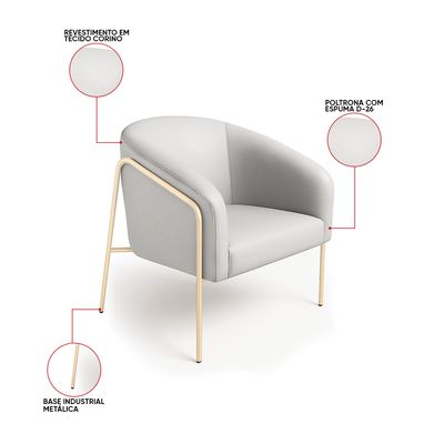 Poltrona Sala Decorativa Kit 2 Stella Base Alta Tubo Champanhe Sintético D03 - D'Rossi Cinza