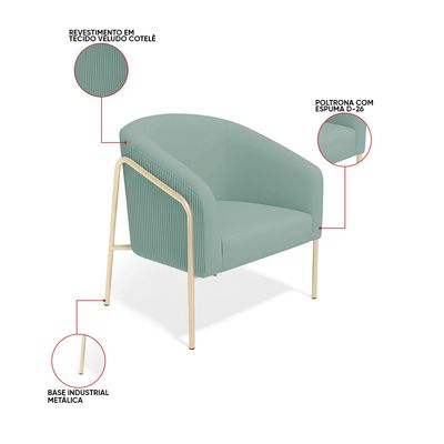 Poltrona Sala Decorativa Kit 2 Stella Base Alta Tubo Champanhe Veludo Cotelê D03 - D'Rossi Menta