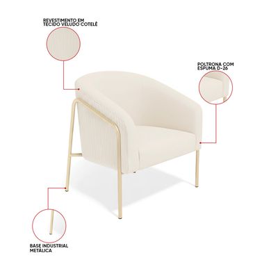 Poltrona Sala Decorativa Kit 2 Stella Base Alta Tubo Champanhe Veludo Cotelê D03 - D'Rossi Menta