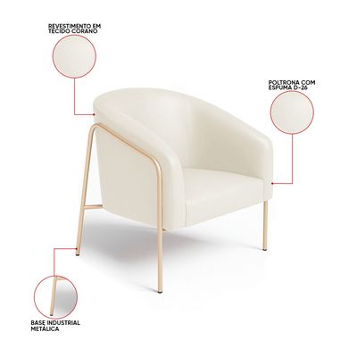 Poltrona Sala Decorativa Kit 2 Stella Base Alta Tubo Champanhe Sintético PU D03 - D'Rossi Bege