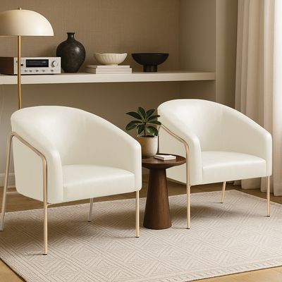 Poltrona Sala Decorativa Kit 2 Stella Base Alta Tubo Champanhe Sintético PU D03 - D'Rossi Bege