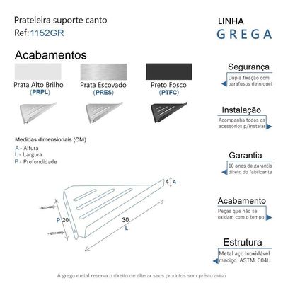 Prateleira Suporte Canto Para Banheiro Preto Fosco Grega Aço Inox 30cm