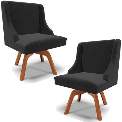 Kit 2 Cadeiras Decorativas Sala de Jantar Base Giratória de Madeira Firenze Veludo Preto/Natural G19 - Gran Belo