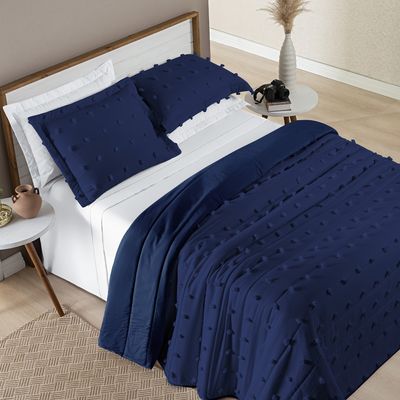 Kit Cobre Leito Colcha Alexa Pompom Casal Padrão Dupla Face Micropercal 3 Peças - Azul Marinho