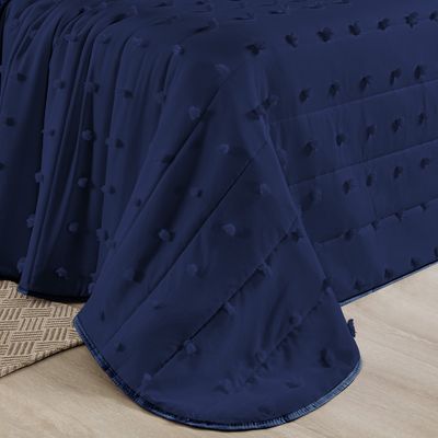 Kit Cobre Leito Colcha Alexa Pompom Casal Padrão Dupla Face Micropercal 3 Peças - Azul Marinho