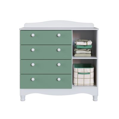 Cômoda Infantil 4 Gavetas 1 Porta Encanto Branco e Verde Completa Móveis