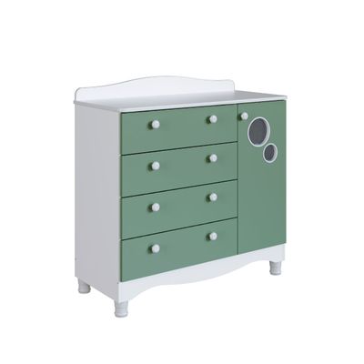 Cômoda Infantil 4 Gavetas 1 Porta Encanto Branco e Verde Completa Móveis