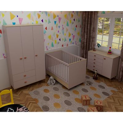 Quarto Infantil Completo Ternura Guarda-Roupa 3 Portas Cômoda 5 Gavetas Berço Conversível Bartira Rosa Wood