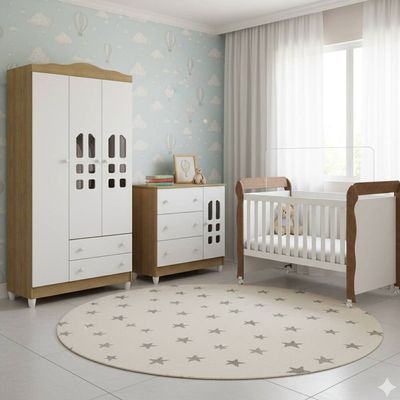 Quarto de Bebê Completo com Berço Mini-Cama Mirelle Cômoda Eloá e Guarda-Roupa Eloá Carolina Baby Branco e Bétula